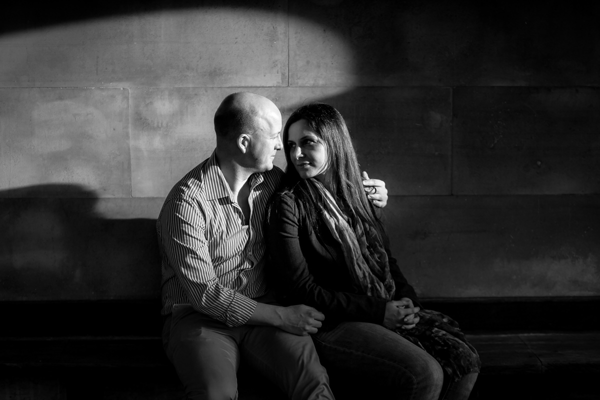 Black and white of a couple looking at each other
